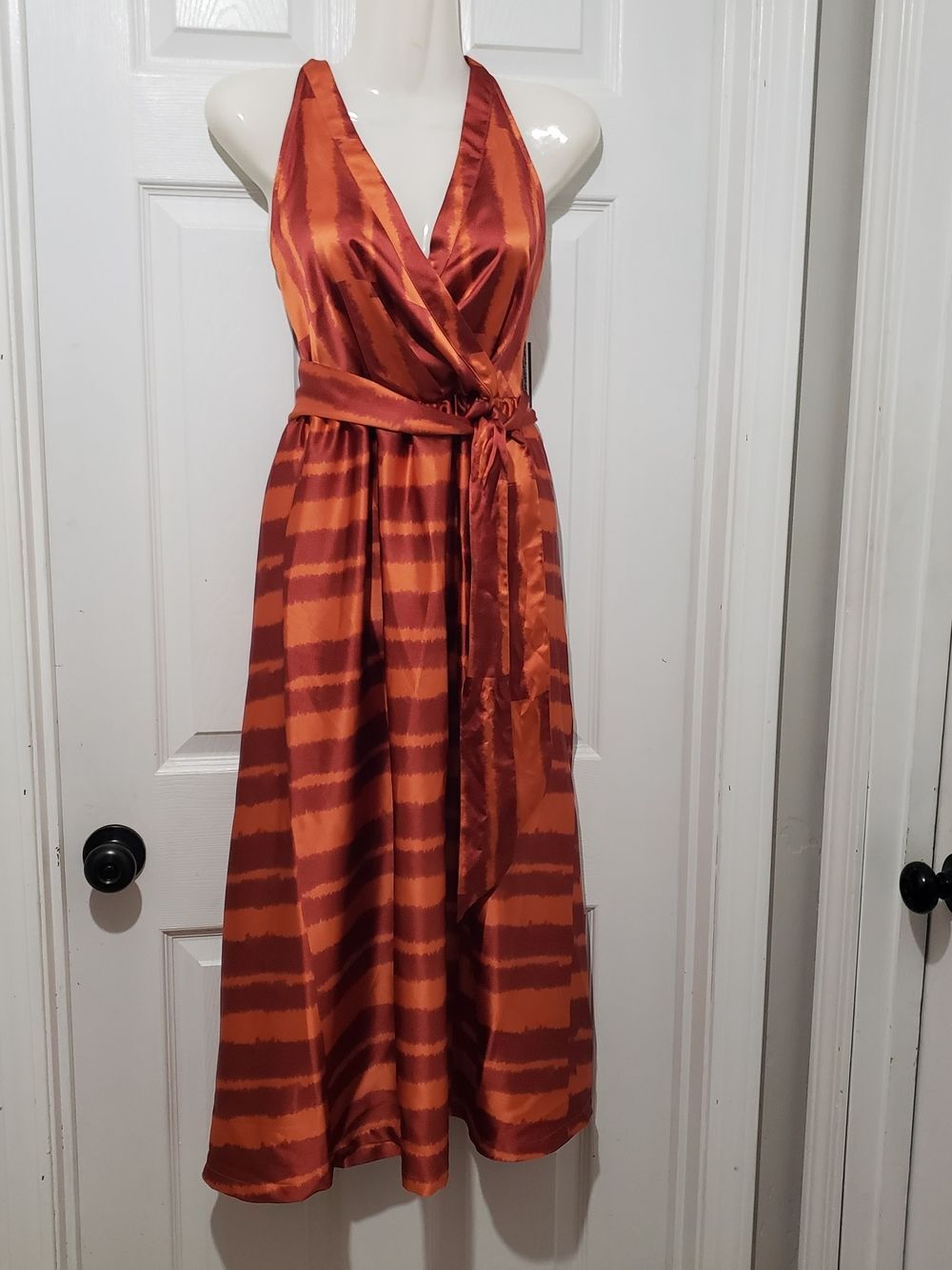 NEW House Of Aama | Orange Rust Satin-Finish Striped Halter Dress | Womens Small